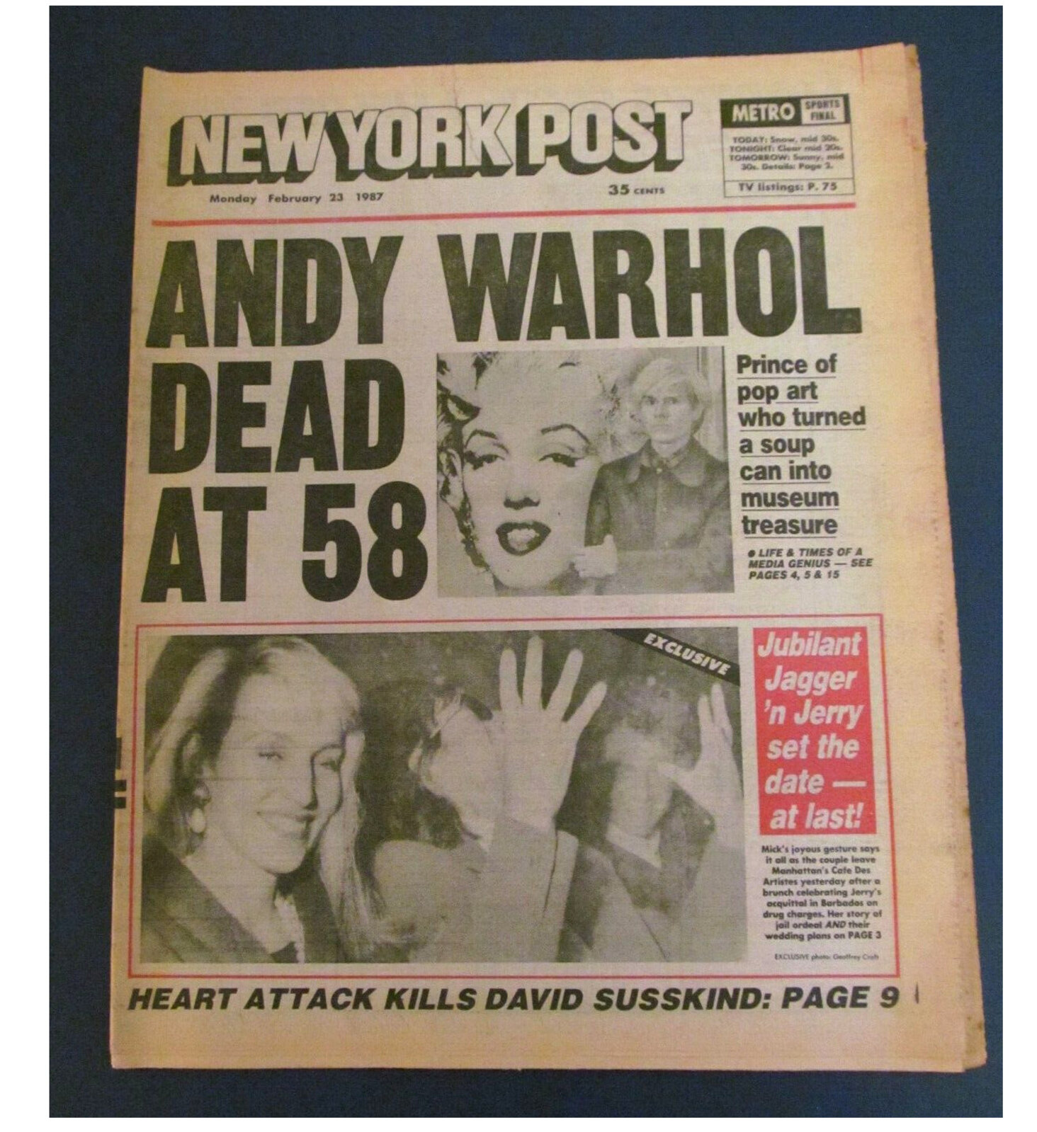 Andy Warhol Andy Warhol Dead At 58 1987 New York Post Newspa andy-warhol-andy-warhol-dead-at-58-1987-new-york-post-newspa