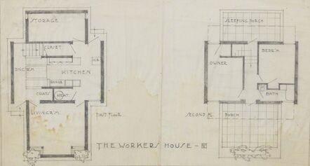 Rudolph Schindler, ‘Plan View; Standard Housing Unit, The Monolith Homes for Thomas R. Hardy, Racine, WI (While working in the office of Frank Lloyd Wright, Chicago, IL)’, 1919