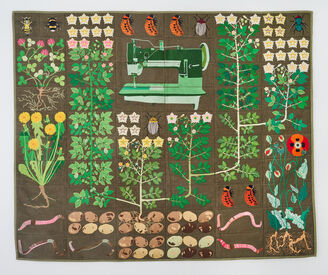 Daniel Dewar & Grégory Gicquel, ‘Embroidered quilt with worms, dandelions flowers, clover plant, potato plant, opium poppy flower, colorado beetle larvae, colorado beetles, green bottle fly, honey bee, bumble bee and sewing machine’, 2023
