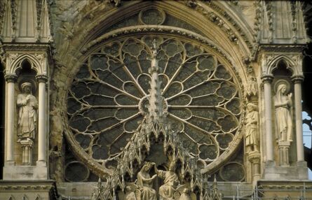 ‘Reims Cathedral: exterior, West facade, detail of rose window and gable over central portal (Coronation of the Virgin)’, ca. 1211-1290