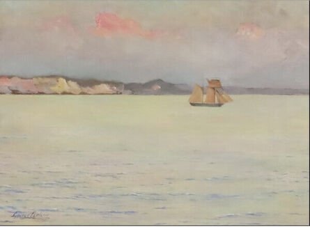 George Carline, ‘Seascape with sailing boat off the coast at sunset’, ca. 1890