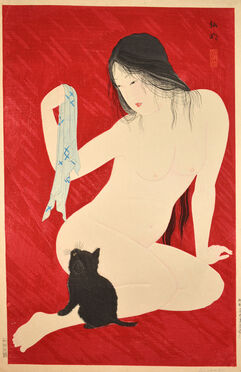 Hiroaki Takahashi (Shotei), ‘Nude Playing with Cat’, 1930