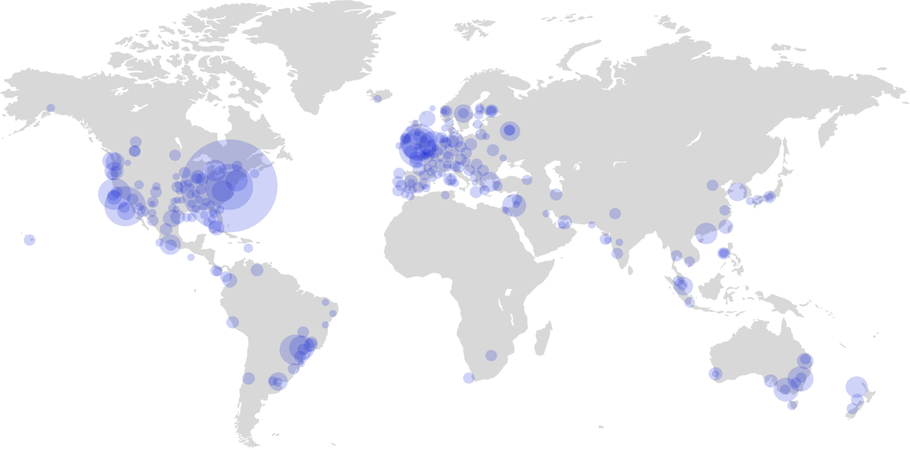 Density map depicting locations of Artsy institutional partners