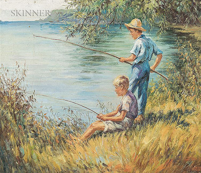 Two boys fishing in lake Poster Print - Item # VARSAL25516363
