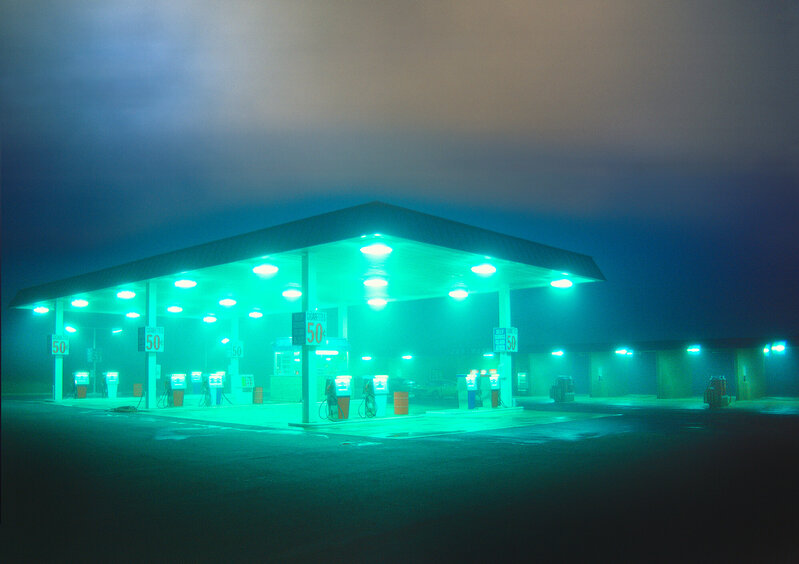Mitchell Funk | Surreal Gas Station on a Foggy Night with Green Lights.  Close Encounters (1977) | Available for Sale | Artsy