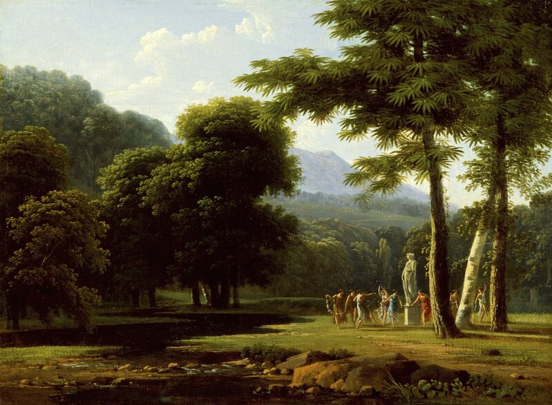 This landscape painting, by Jean-Victor Bertin (c. 1767-1842), was inspired  by the myth of Paris and Oenone. Check the comments for a link to more info  on this artwork and the ancient