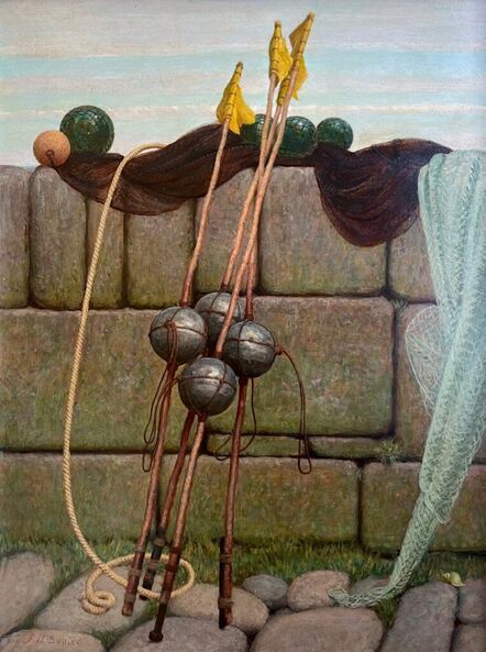 John Bulloch Souter, ‘Still Life of Fishing Nets and Floats by a Wall, c.1930’, 1930
