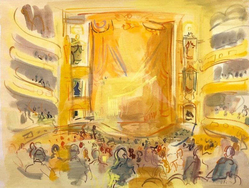 Roger Bertin, French Fauvist Gouache and Watercolor Painting Paris Opera  or Theater Interior (Mid-20th Century)