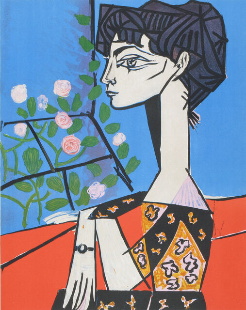 Pablo Picasso Vintage 1969 Modernist Lithograph Print  Portrait of  Jacqueline With Flowers  1954
