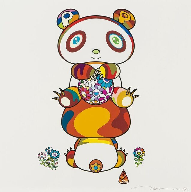 Visitors look on a 2003 Panda by Takashi Murakami on an Antique