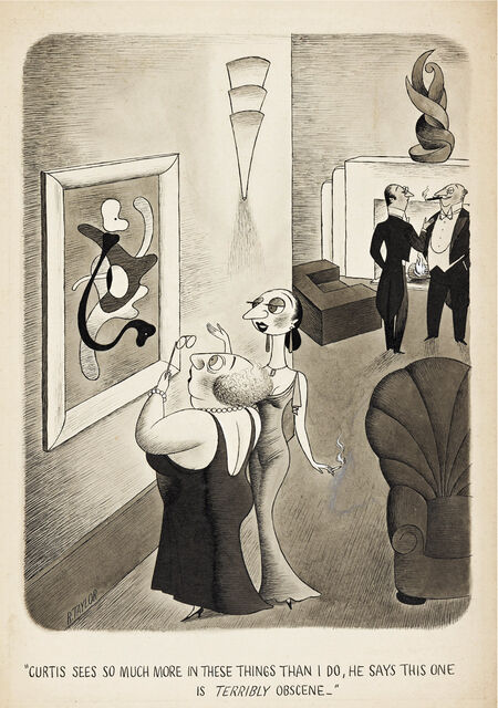 Richard Taylor | Art Lovers and Art Critics Analyzing Obscene Painting.  Cartoon (circa 1940's-1950s) | Available for Sale | Artsy