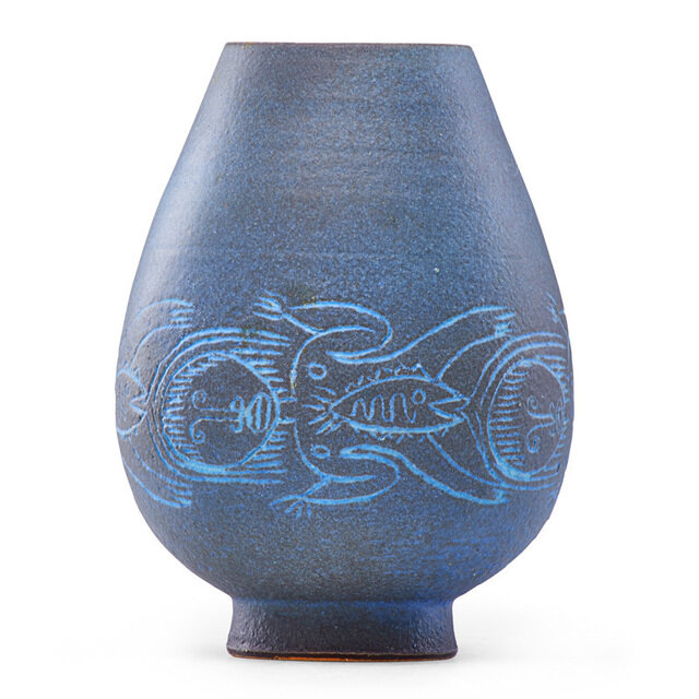 Edwin Scheier, Mary Scheier | Small early footed vase with figures and ...