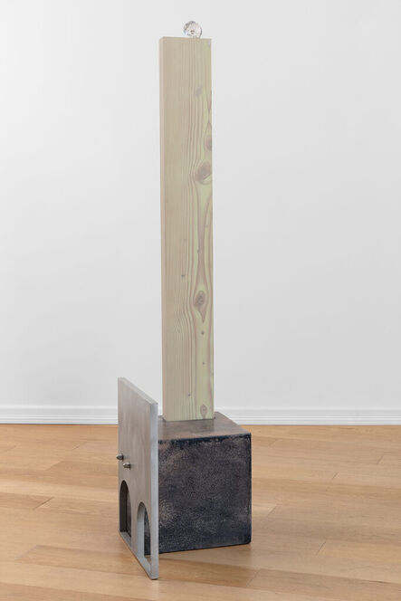 Magnus Pettersen, ‘Untitled (Dark blue cube with yellow wooden back rest and an aluminium armrest)’, 2023