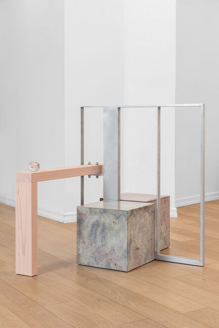 Magnus Pettersen, ‘Untitled (Two coloured cubes, with aluminium and wooden armrest)’, 2023