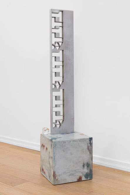 Magnus Pettersen, ‘Untiled (Grey cube with some spotty coloured dots and aluminium piece with some kind of text)’, 2023