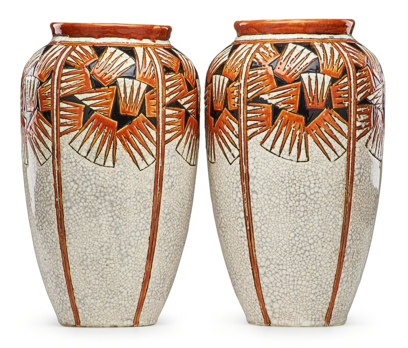 Two large Art Deco crackleware vases with stylized p… (1920s) by Charles Catteau, Boch Freres Keramis