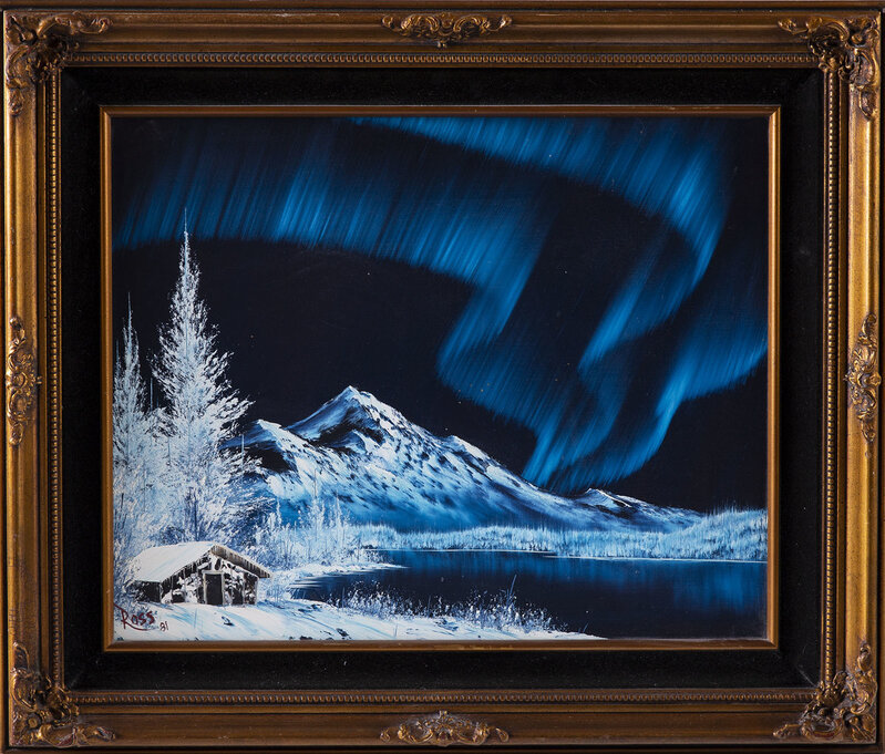 Bob Ross | Bob Ross Signed Original Blue Alaskan Mountain Scene with Cabin  and Northern Lights Contemporary Art (1981) | Artsy
