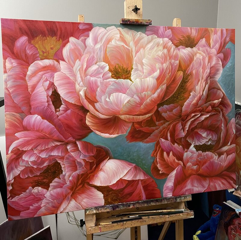 red peony oil painting