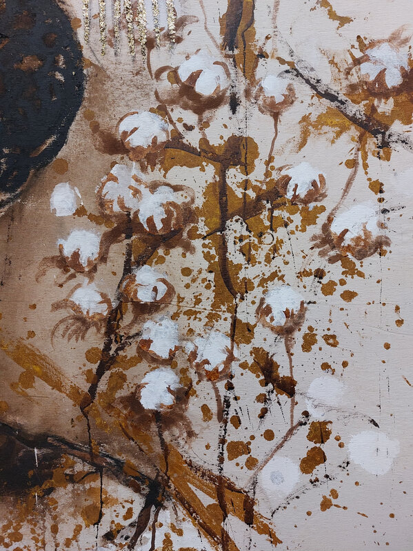 René Tavares, ‘Grand ma's treasures’, 2023, Painting, Oil, pigment, charcoal, acrylic, and gold paper on raw cloth, THIS IS NOT A WHITE CUBE