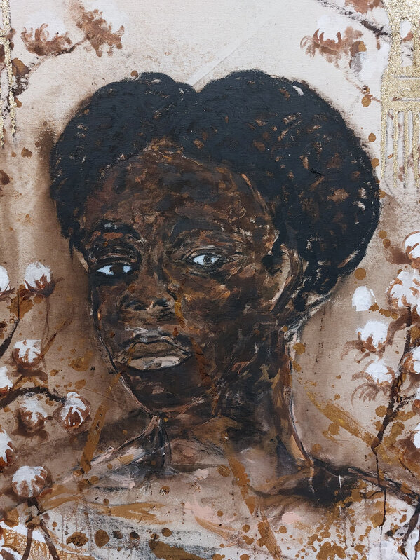 René Tavares, ‘Grand ma's treasures’, 2023, Painting, Oil, pigment, charcoal, acrylic, and gold paper on raw cloth, THIS IS NOT A WHITE CUBE