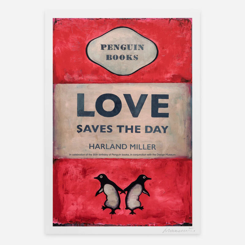 Book cover of 'Love Saves the Day' by Harland Miller with penguin design on red background
