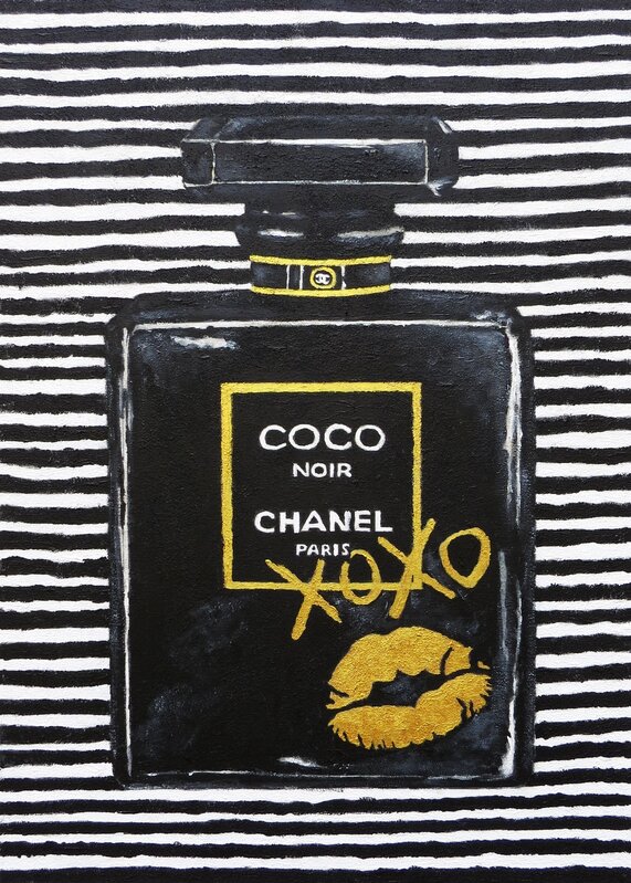 Angel Michael Art, Chanel. Perfume. Kiss. Fashion, Black, Gold, White,  Stripes, Textured, Perfume Painting. (2022)