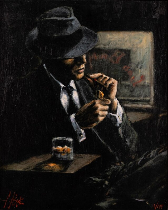 fabian perez man lighting cigarette II Smoking Man In White Suit