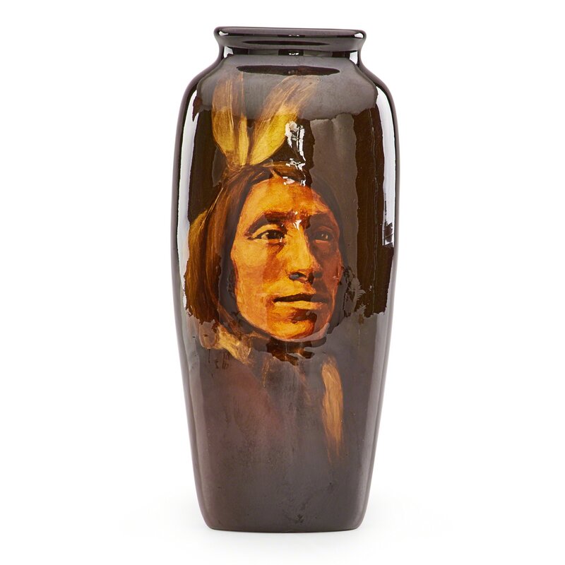 Rookwood Pottery, Adeliza Sehon, Standard Glaze American Indian portrait  vase, Lone Elk Sioux (1901)