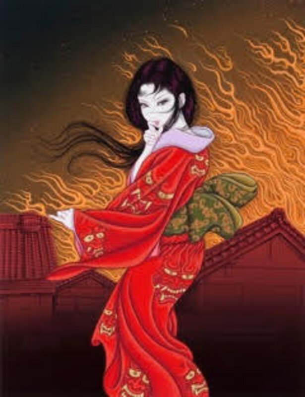 red dress yokai Womens Floral Kimono