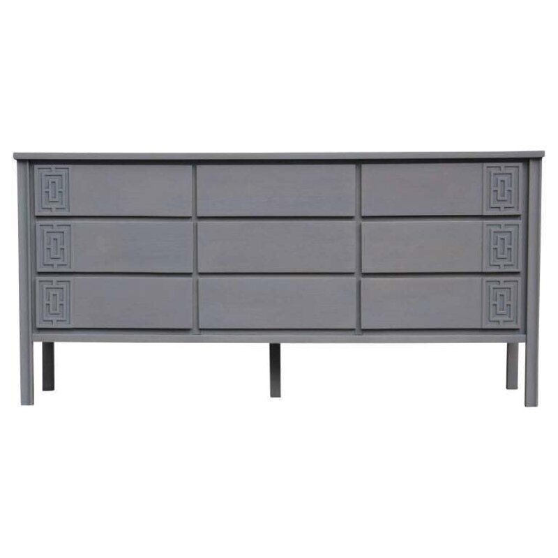 Baker Furniture Co. | Modern Asian Inspired Grey Nine-Drawer Dresser & Mir (Mid-20th Century) | For Sale | Artsy Baker Furniture Co. | Modern Asian Inspired Grey Nine-Drawer Dresser & Mir (Mid-20th Century) | For Sale | Artsy
