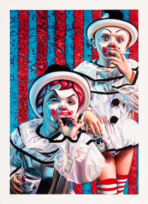 clown smoking a cigarette painting Creepy colorized by Ahmet Asar Art Print Clowns Smoking Cigars and Playing