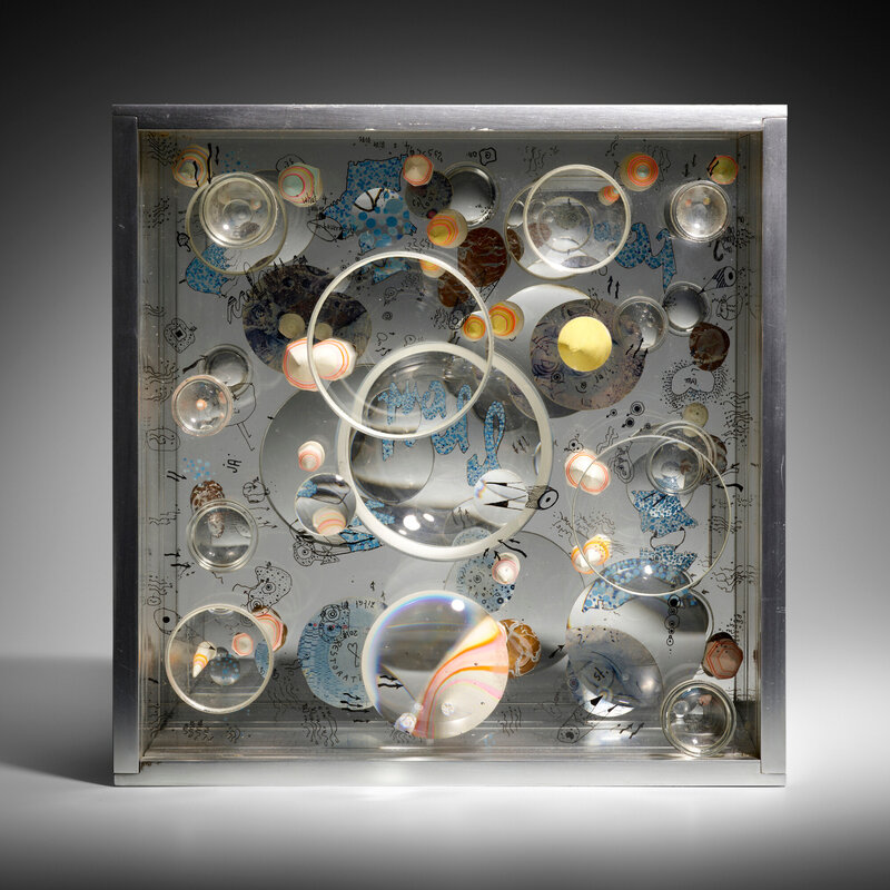 Mary Bauermeister, ‘What 4 Junior’, 1970, Mixed Media, Ink, glass, glass lens, wooden sphere, wooden object, stones, stainless steel construction, Rago/Wright/LAMA