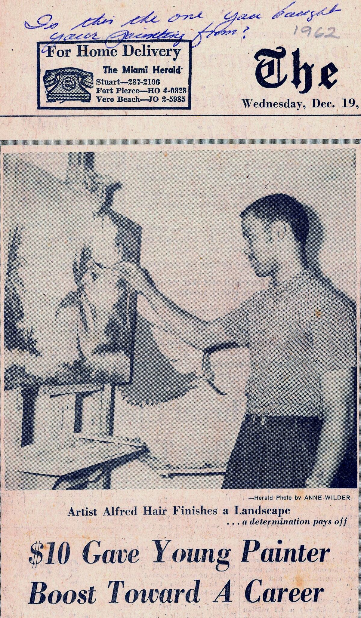 Article on Alfred Hair, 1962. Image courtesy of A.E. Backus Museum.