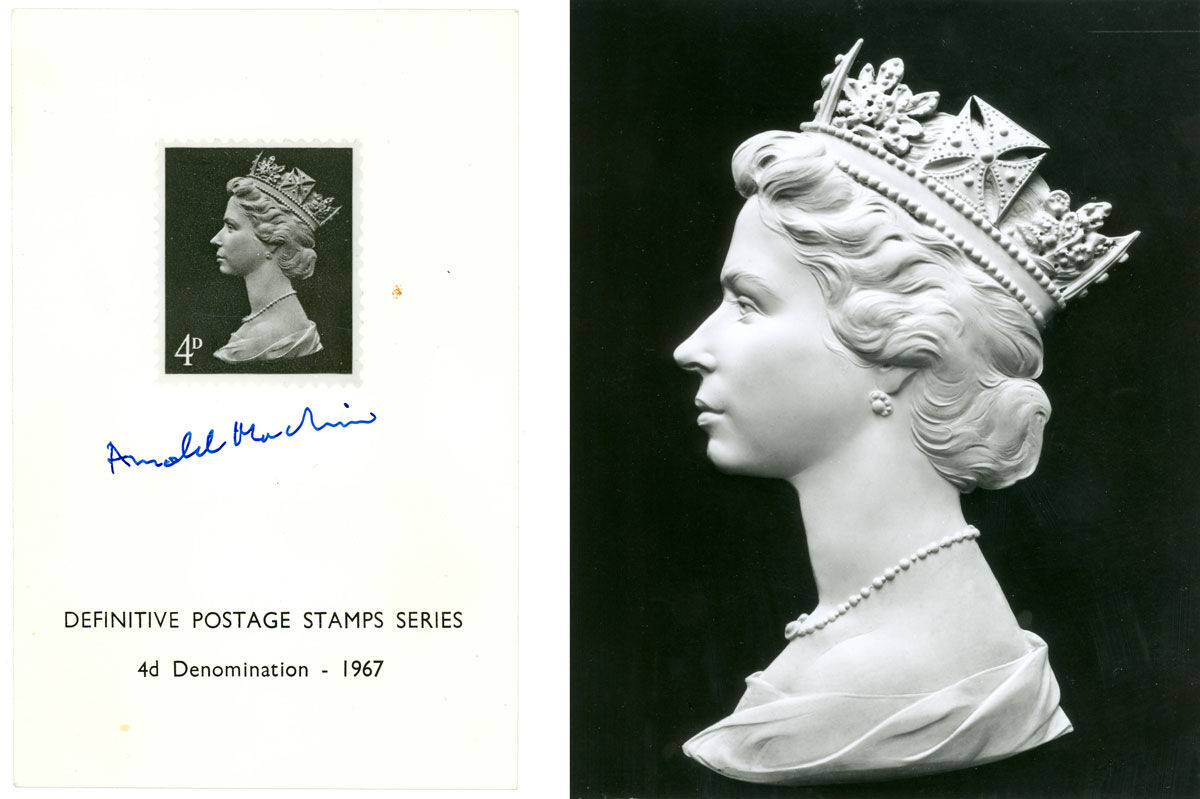 The first issued stamp with Machin’s portrait, signed by the artist. © Royal Mail, courtesy of The Postal Museum.