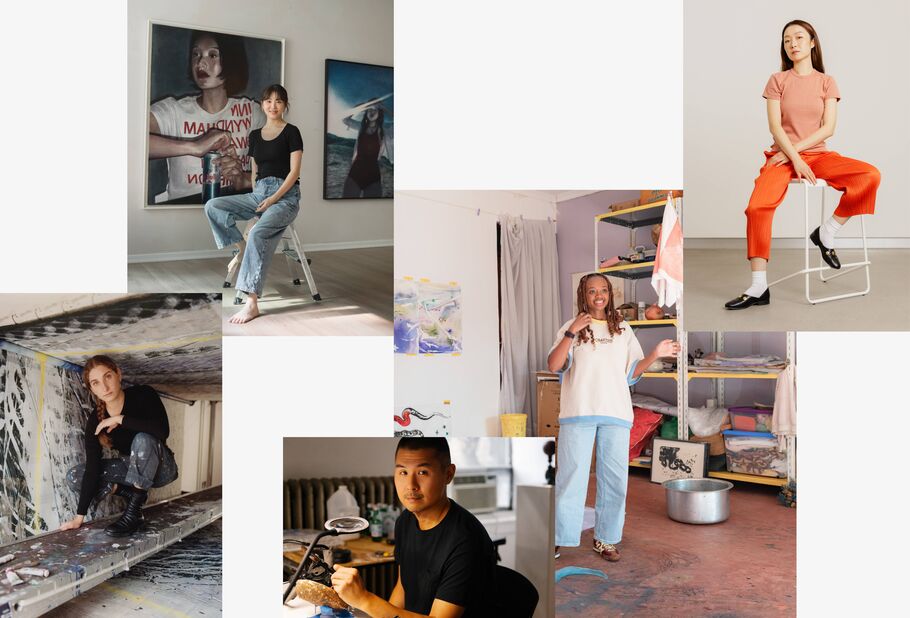 Da esquerda para a direita: Retrato de Emily Kraus em seu estúdio, 2024. Foto de Hannah Burton para Artsy; Retrato de Moka Lee em seu estúdio, 2024. Foto de Tim Franco para Artsy; Retrato de Chris Oh em seu estúdio, 2024. Foto de Ryan Lowry para Artsy; Retrato de Agnes Waruguru em seu estúdio, 2024. Foto de James Muriuki para Artsy; Retrato de Xin Liu, 2024. Foto de Stephanie Noritz para Artsy.