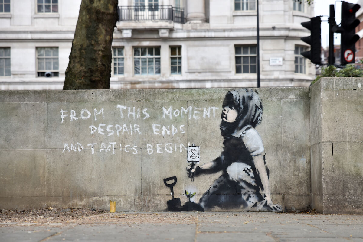 A mural believed to be by Banksy next to Marble Arch in London. Photo by Matthew Chattle / Barcroft Images / Barcroft Media via Getty Images.