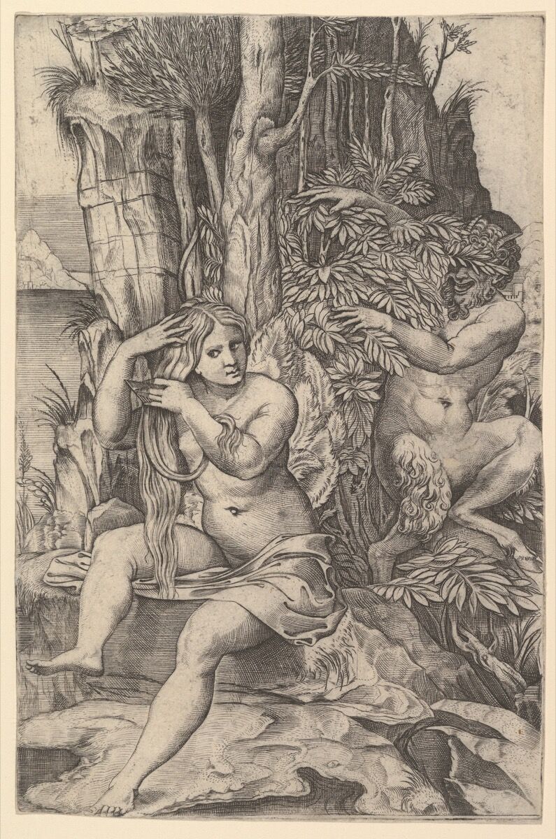 Marco Dente, Pan spying on the nymph Syrinx who is seated on a rock, combing her hair, ca. 1516–20. Courtesy of the Metropolitan Museum of Art.