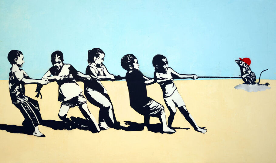 Blek le Rat, ‘Rope Pulling Soldier Rat’, 2024, Painting, Acrylic, stencil and spray paint on linen, Woodbury House