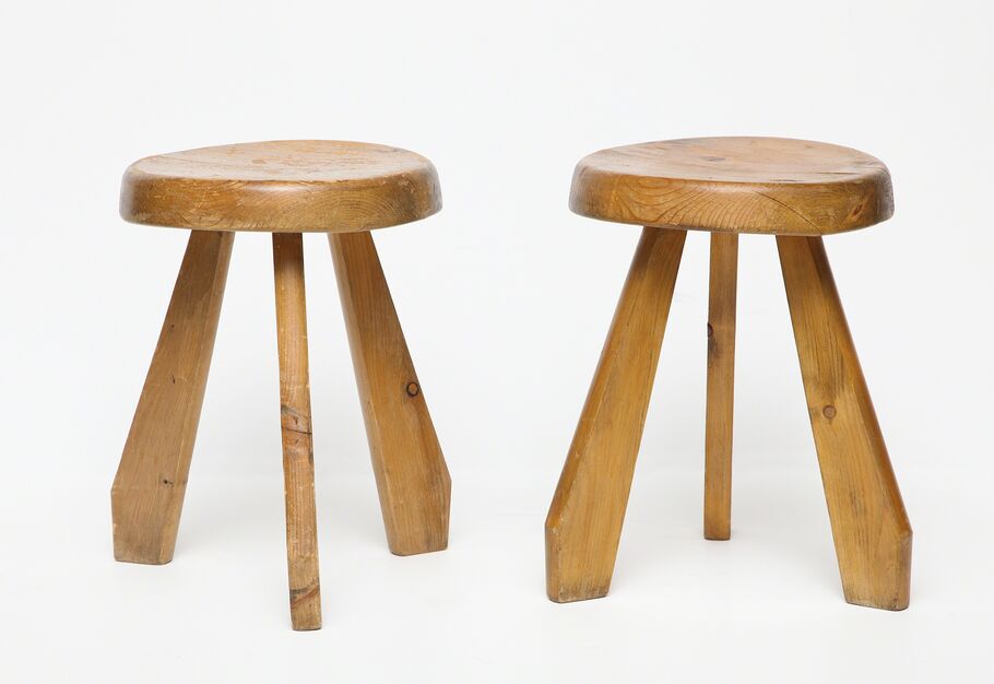 1960s Vintage Charlotte Perriand Round Dark Pine Stool for Les Arcs
