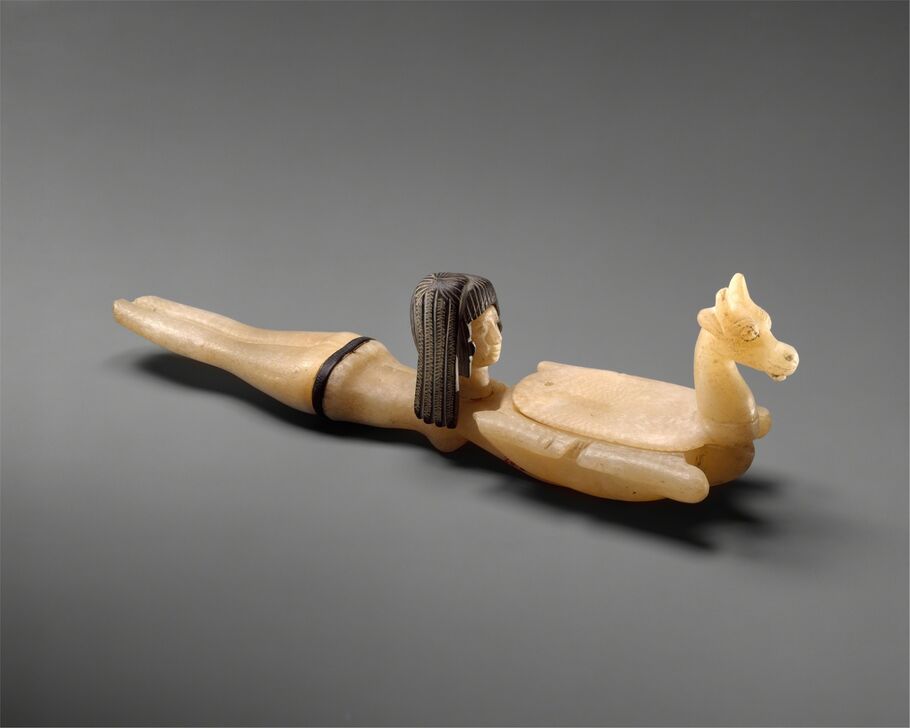 Unknown Egyptian, ‘Cosmetic Spoon in the Shape of Swimming Woman Holding a Dish’, ca. 1390–1352 B.C., Design/Decorative Art, Travertine (Egyptian alabaster), steaтιтe, The Metropolitan Museum of Art