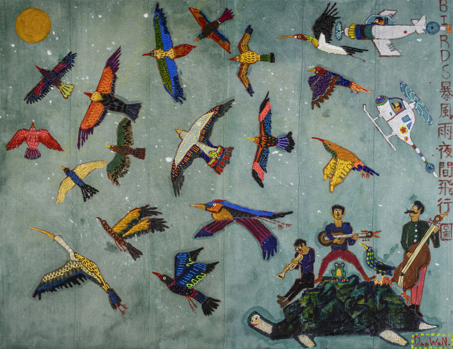 Doowon Lee, ‘Birds in a Stormy Night Sky’, 2025, Painting, Mixed media on wool, ACA Galleries