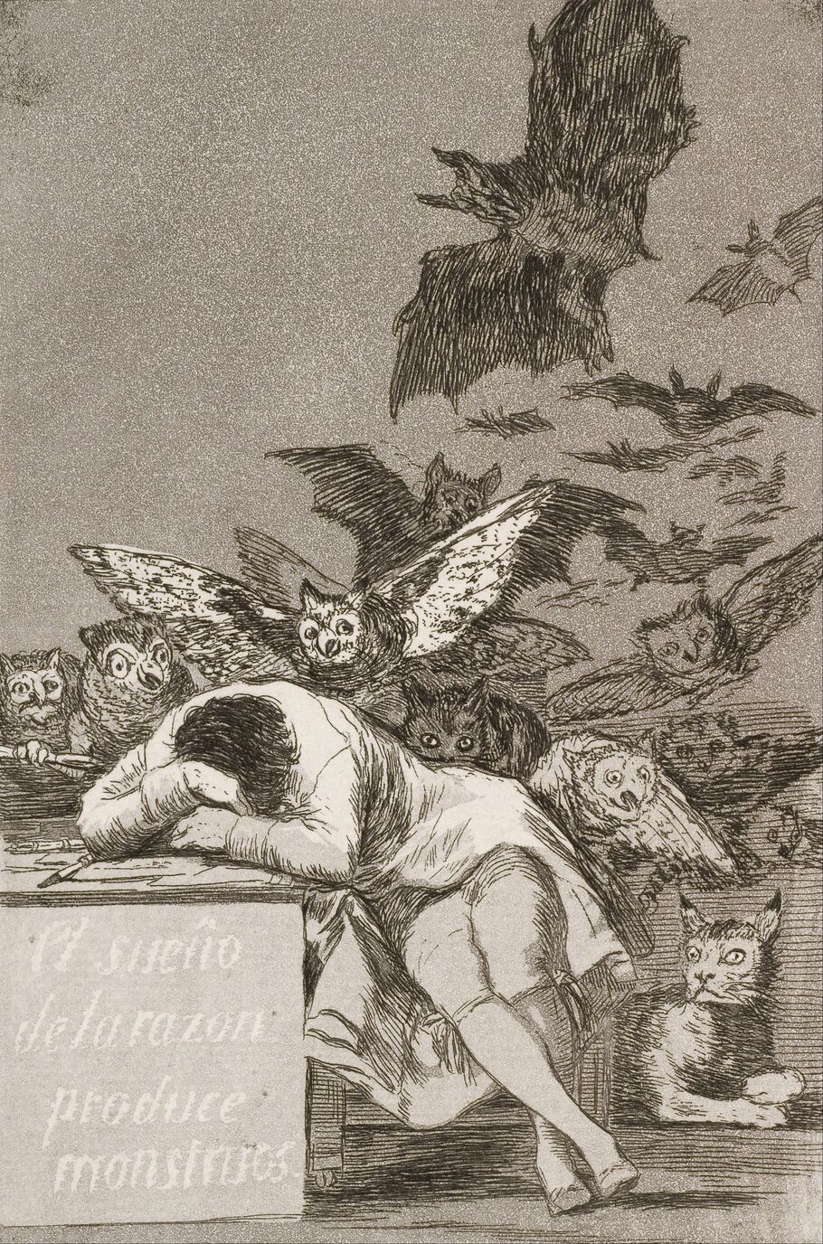 Etching of a man asleep at a desk as bats and owls swirl above him in Goya’s The Sleep of Reason Produces Monsters.