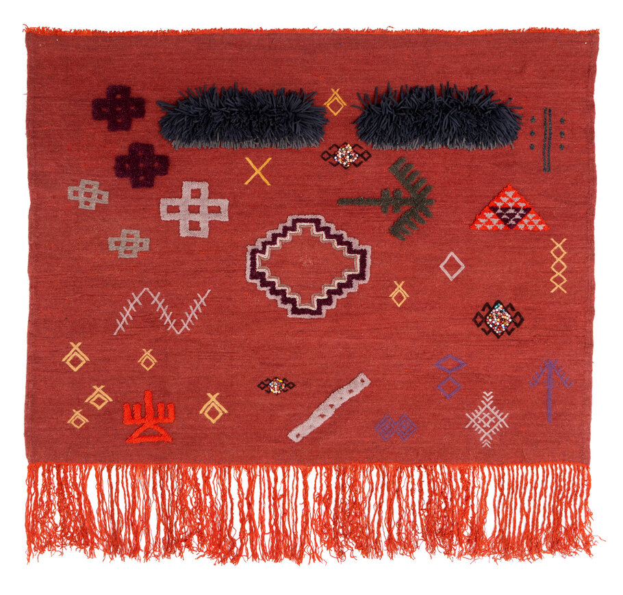 Mina Abouzahra, ‘Brick Wall tapestry (One and a half Women)’, 2026, Textile Arts, Wool/glass beads.Moroccan weaving and knotting.Made in Taznakht., Rademakers Gallery