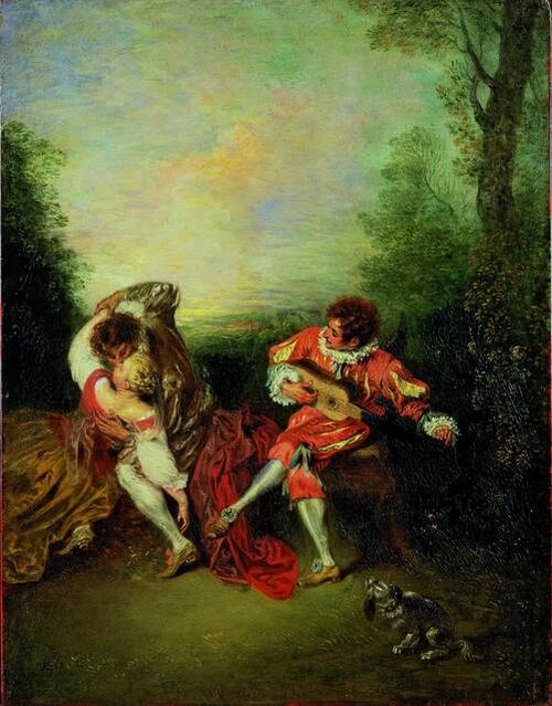 Jean-Antoine Watteau | La Surprise: A Couple Embracing While A Figure Dressed As Mezzetin Tunes A Guitar (1718-1719) | Artsy