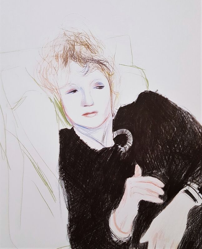 David Hockney-Celia In A Black Dress With Colored Border-1981 Lithograph 