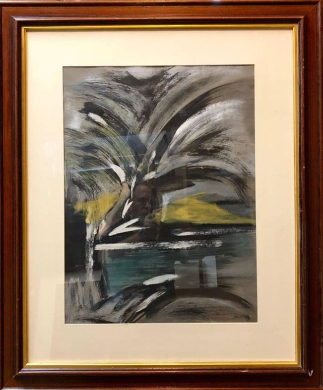 Abstract Landscape With Palm Tree Judaica Gouache Painting 20th