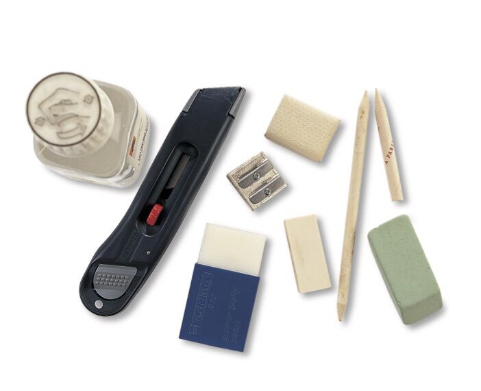 Craft knife, erasers, stumps, and sharpeners. © 2019 IMM Lifestyle Books. Courtesy of Fox Chapel Publishers.