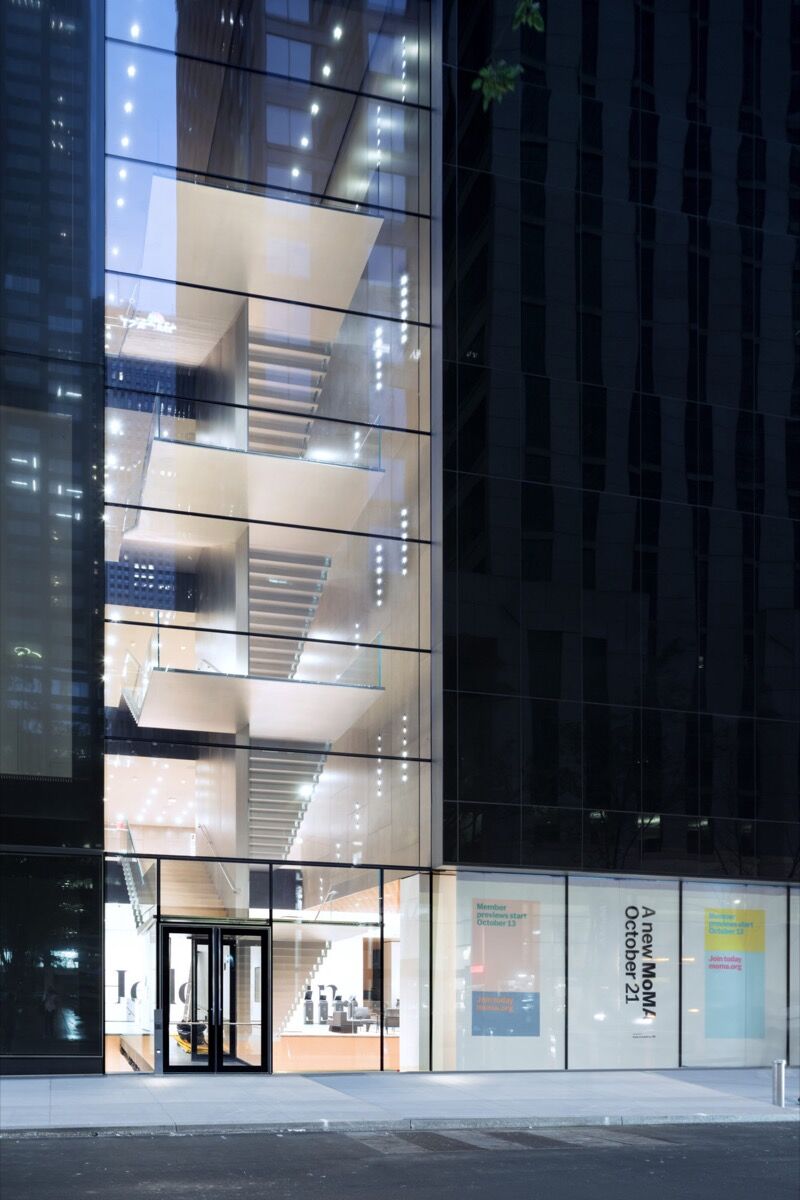 Exterior view of the Museum of Modern Art, Blade Stair Atrium, designed by Diller Scofidio + Renfro in collaboration with Gensler, as a part of The Museum of Modern Art Renovation and Expansion. Photo by Iwan Baan. Courtesy of the Museum of Modern Art.