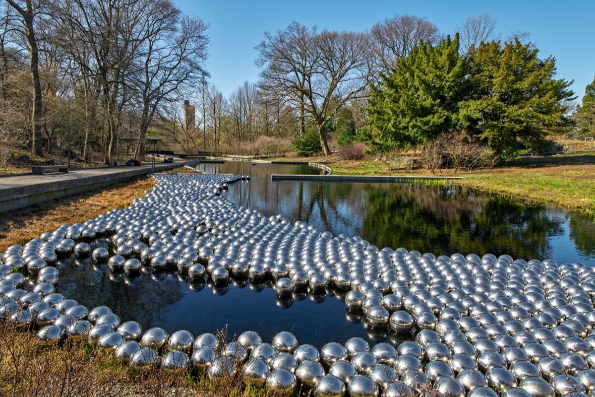 Yayoi Kusama, installation view of Narcissus Garden, 1966/2021, at The New York Botanical Garden. Photo by Robert Benson Photography. Courtesy of Ota Fine Arts, Tokyo/Singapore/ Shanghai; David Zwirner, New York; and Victoria Miro, London/Venice.