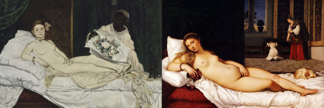 "Olympia" Édouard Manet, 1863 (Musée d'Orsay, Paris)  /// "Venus of Urbino" Titian, 1538 (Uffizi Gallery, Italy)